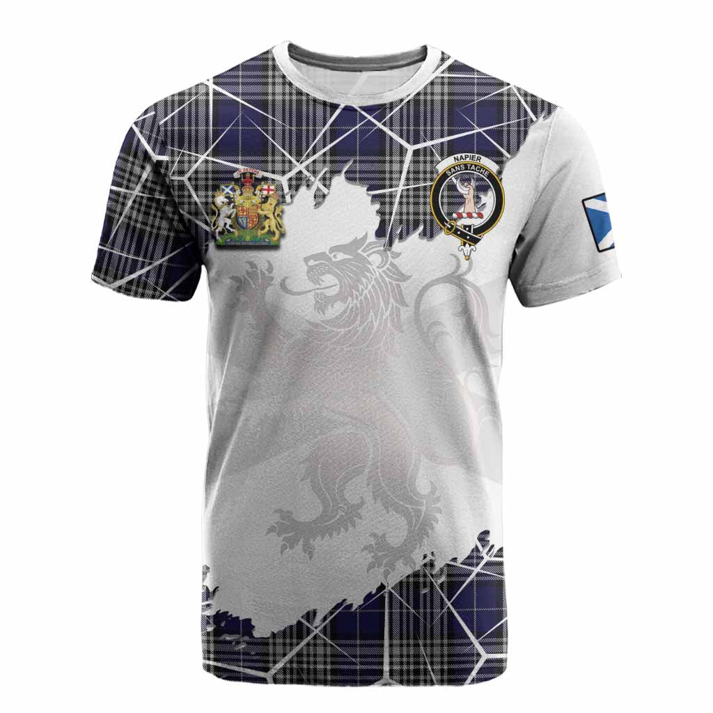 Napier Tartan Cotton T-shirt with Family Crest and Lion Rampant Grunge Style