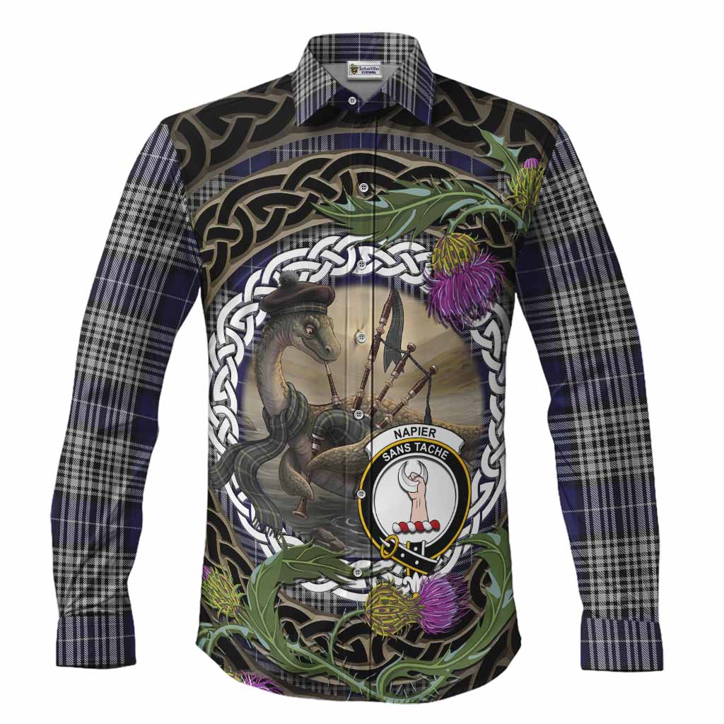 Napier Tartan Crest Bagpipe Nessie Long Sleeve Button Shirts Scottish Loch Ness Monster Celtic Thistle