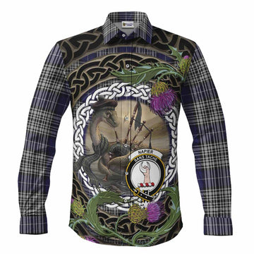 Napier Tartan Crest Bagpipe Nessie Long Sleeve Button Shirts Scottish Loch Ness Monster Celtic Thistle