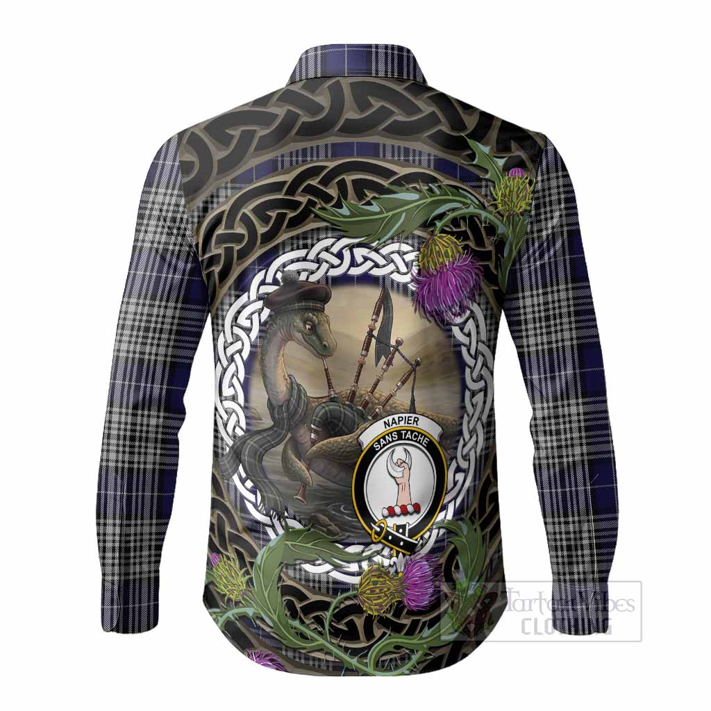 Napier Tartan Crest Bagpipe Nessie Long Sleeve Button Shirts Scottish Loch Ness Monster Celtic Thistle