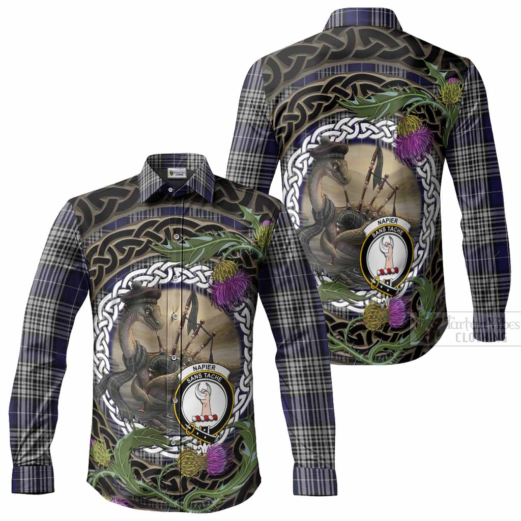Napier Tartan Crest Bagpipe Nessie Long Sleeve Button Shirts Scottish Loch Ness Monster Celtic Thistle