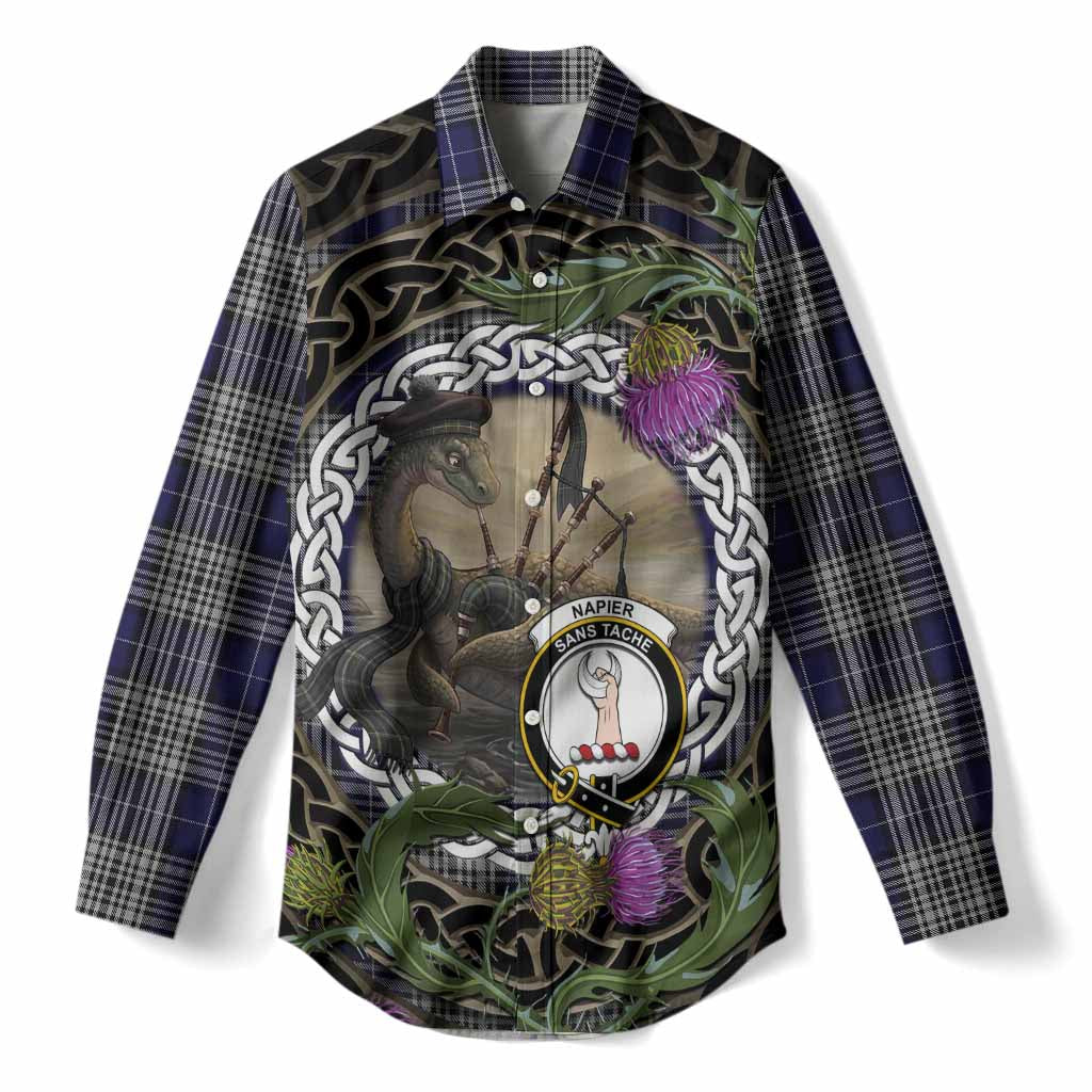 Napier Tartan Crest Bagpipe Nessie Women Casual Shirt Scottish Loch Ness Monster Celtic Thistle