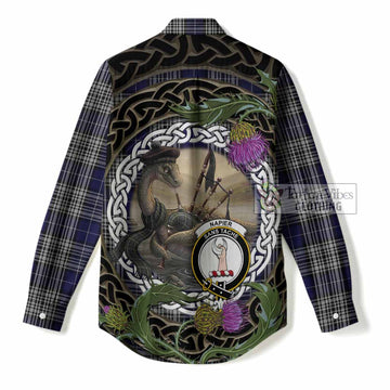 Napier Tartan Crest Bagpipe Nessie Women Casual Shirt Scottish Loch Ness Monster Celtic Thistle