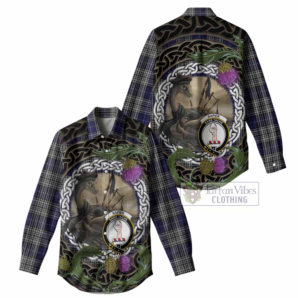 Napier Tartan Crest Bagpipe Nessie Women Casual Shirt Scottish Loch Ness Monster Celtic Thistle