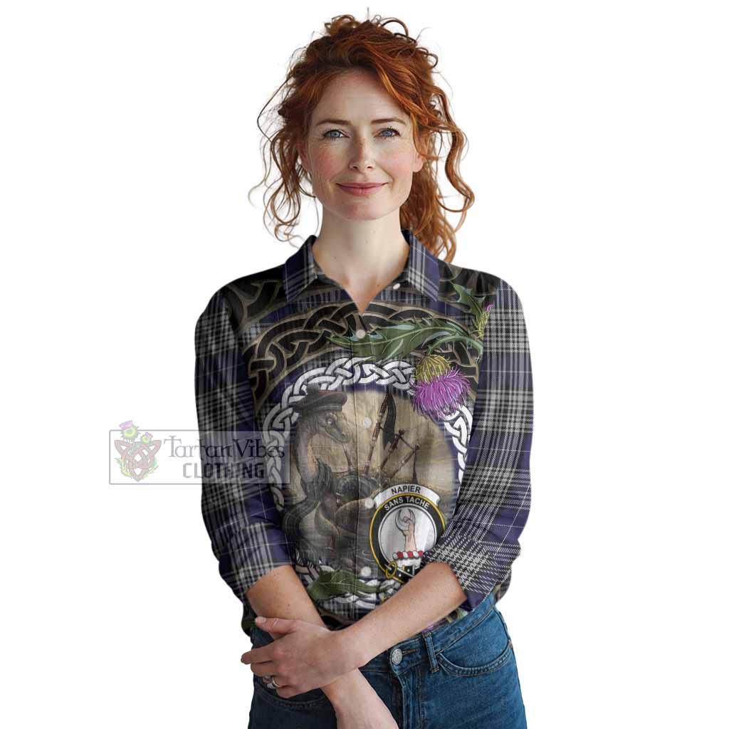 Napier Tartan Crest Bagpipe Nessie Women Casual Shirt Scottish Loch Ness Monster Celtic Thistle