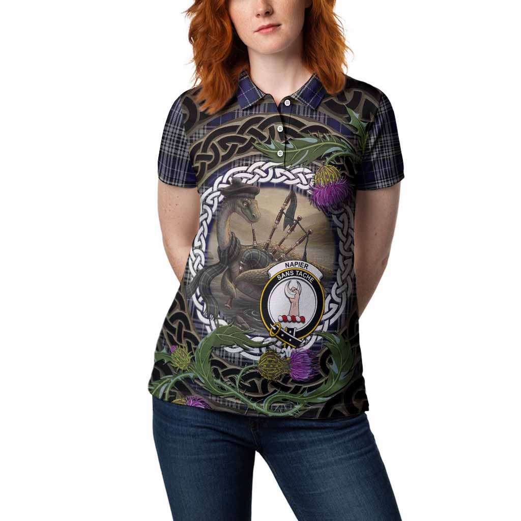 Napier Tartan Crest Bagpipe Nessie Women Polo Shirt Scottish Loch Ness Monster Celtic Thistle