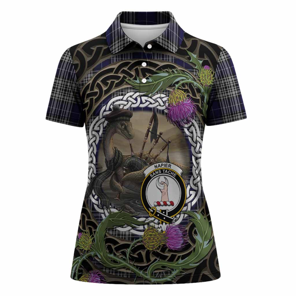 Napier Tartan Crest Bagpipe Nessie Women Polo Shirt Scottish Loch Ness Monster Celtic Thistle