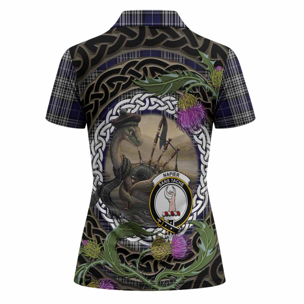 Napier Tartan Crest Bagpipe Nessie Women Polo Shirt Scottish Loch Ness Monster Celtic Thistle