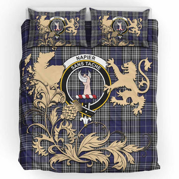 Napier Tartan Crest Bedding Set with Scottish Iconic Symbols 
