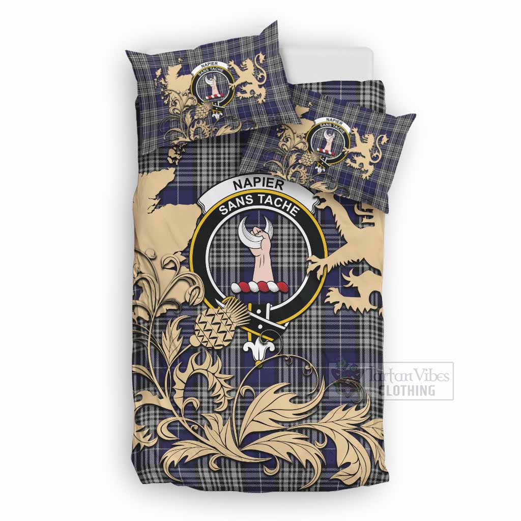 Napier Tartan Crest Bedding Set with Scottish Iconic Symbols 