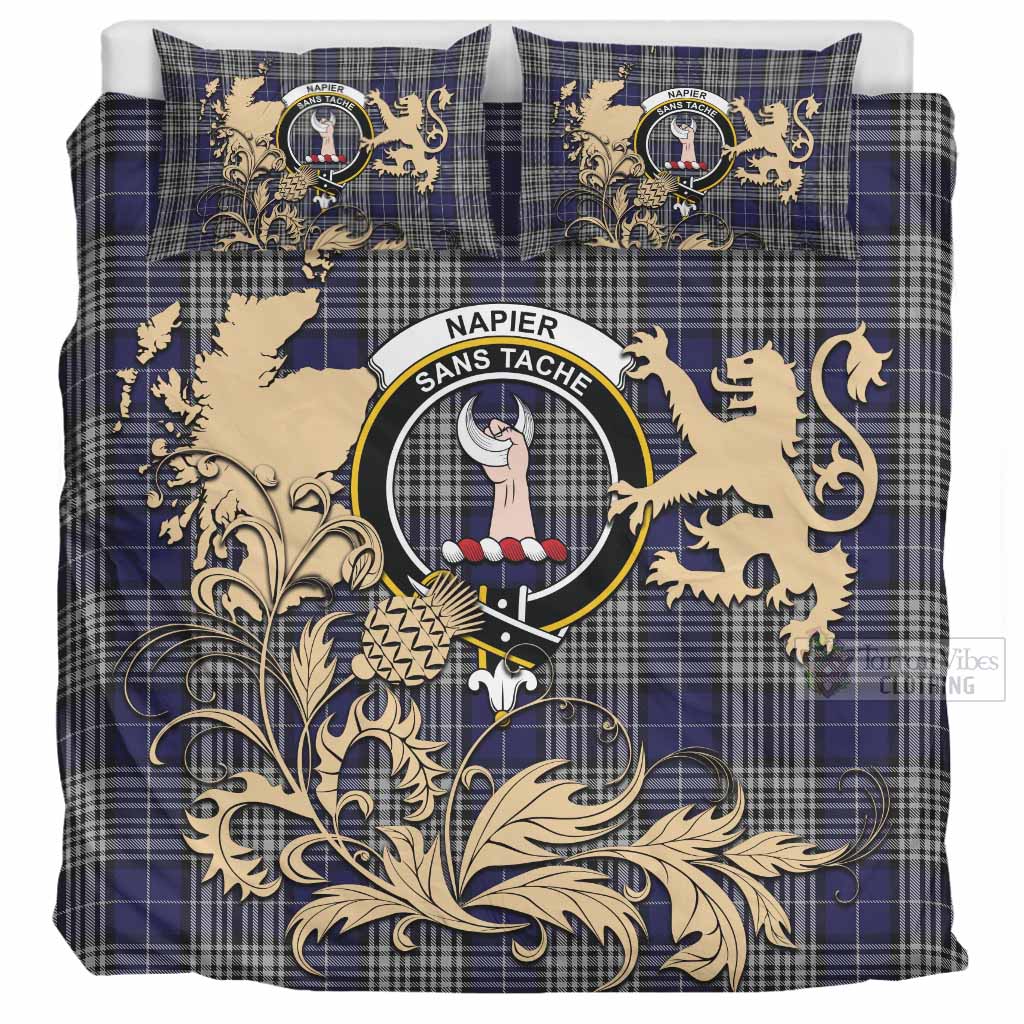 Napier Tartan Crest Bedding Set with Scottish Iconic Symbols 