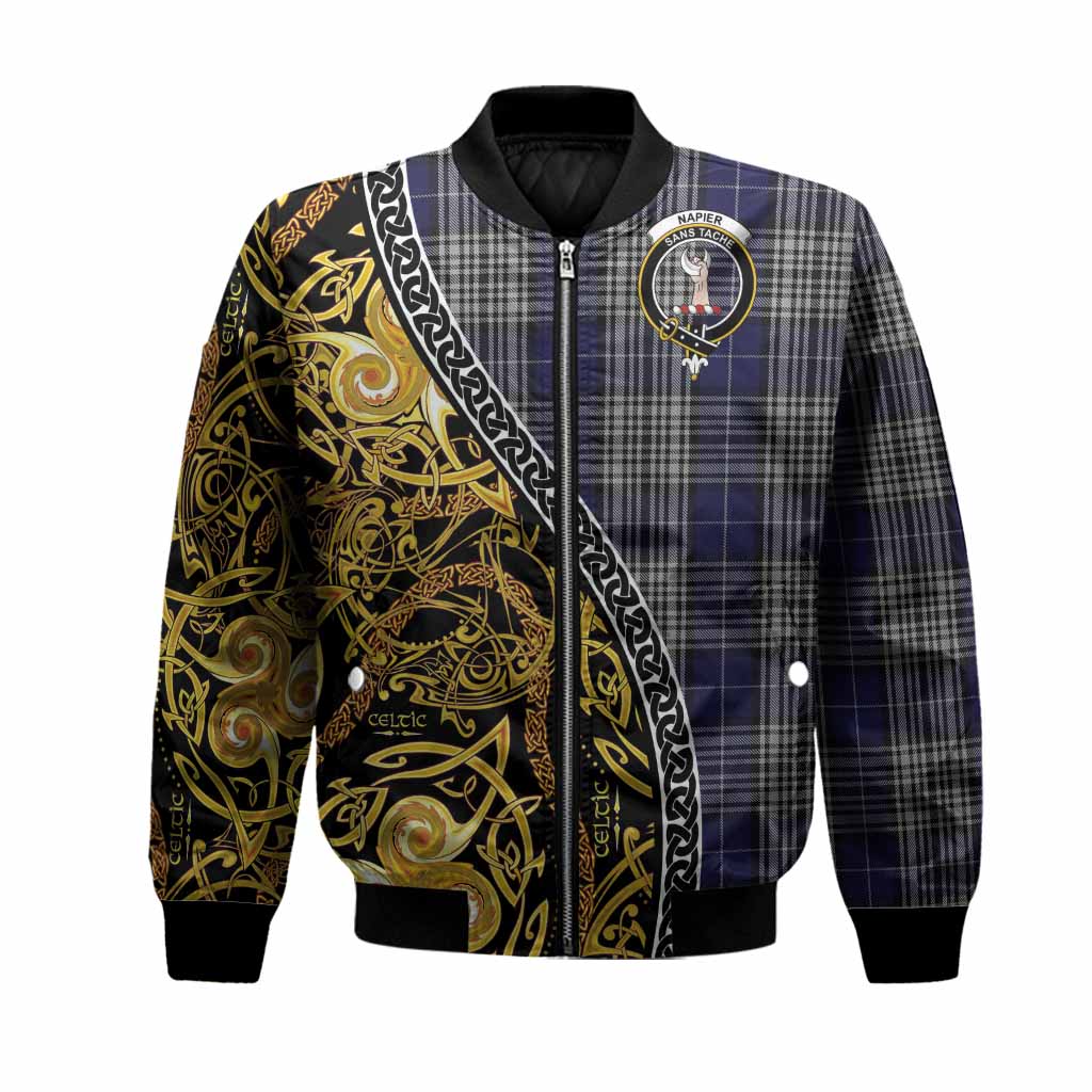 Napier Tartan Crest Bomber Jacket Celtic Knot and Triple Trickle Spiral Symbols