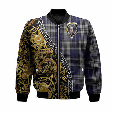 Napier Tartan Crest Bomber Jacket Celtic Knot and Triple Trickle Spiral Symbols