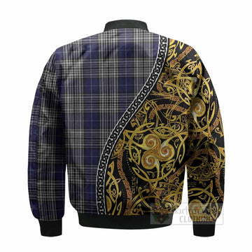 Napier Tartan Crest Bomber Jacket Celtic Knot and Triple Trickle Spiral Symbols