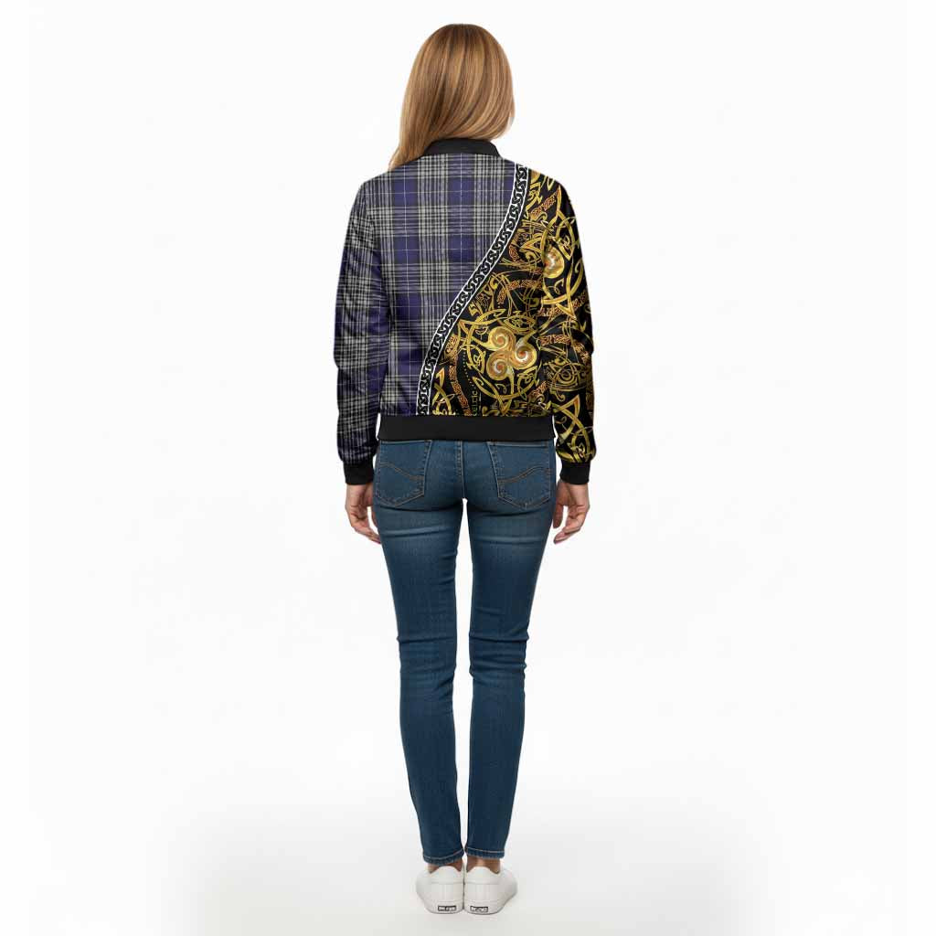 Napier Tartan Crest Bomber Jacket Celtic Knot and Triple Trickle Spiral Symbols