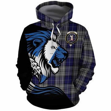 Napier Tartan Crest Cotton Hoodie Scottish Golden Lions Wave Flow