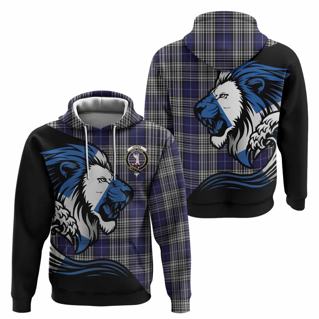 Napier Tartan Crest Hoodie Scottish Golden Lions Wave Flow