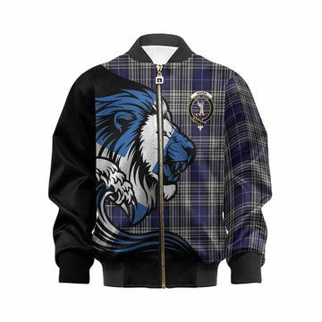 Napier Tartan Crest Kid Bomber Jacket Scottish Golden Lions Wave Flow