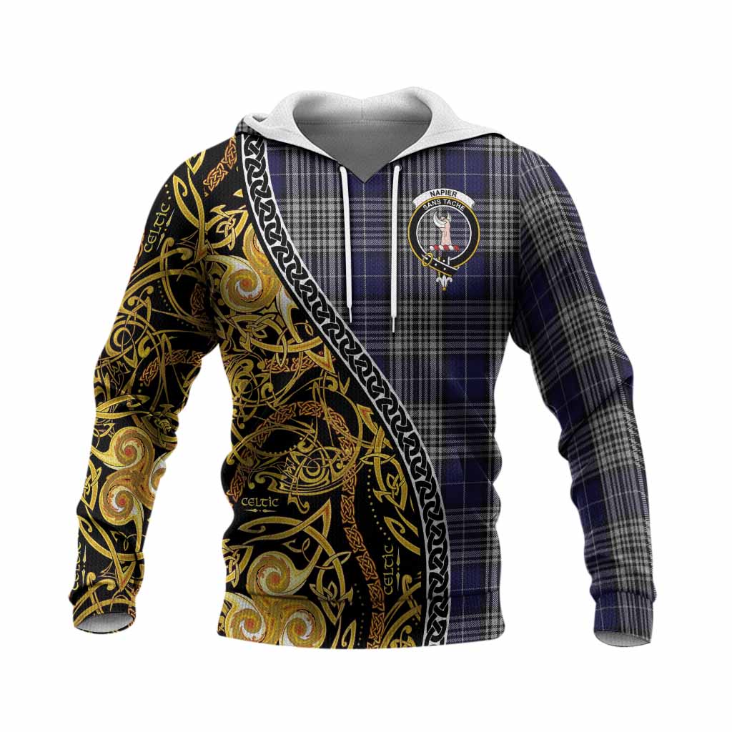 Napier Tartan Crest Knitted Hoodie Celtic Knot and Triple Trickle Spiral Symbols