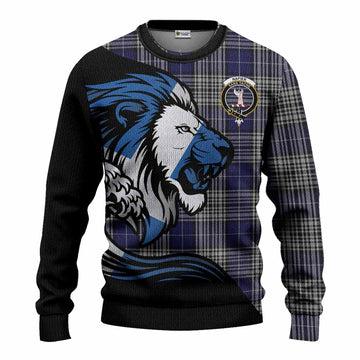 Napier Tartan Crest Knitted Sweater Scottish Golden Lions Wave Flow
