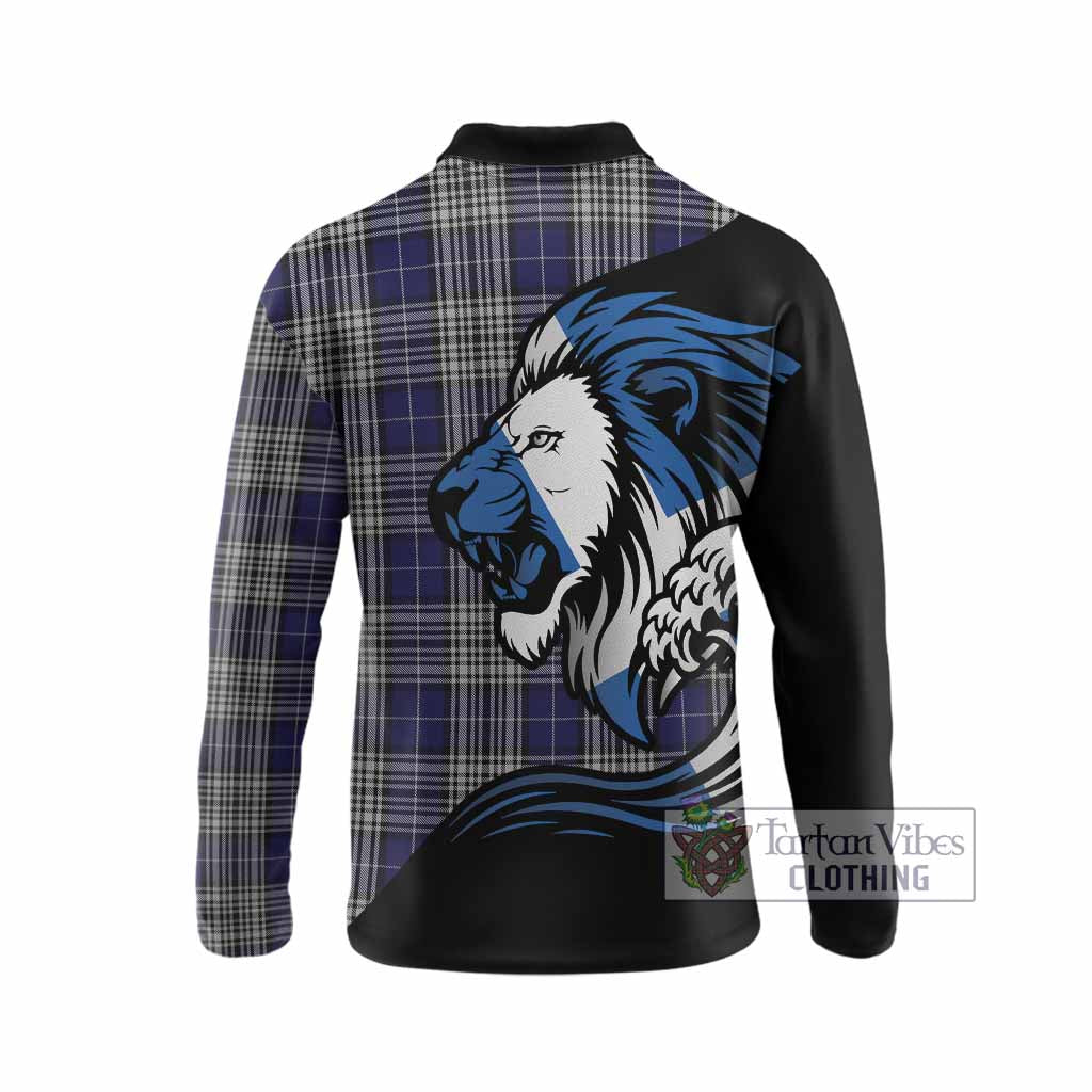 Napier Tartan Crest Long Sleeve Polo Shirt Scottish Golden Lions Wave Flow