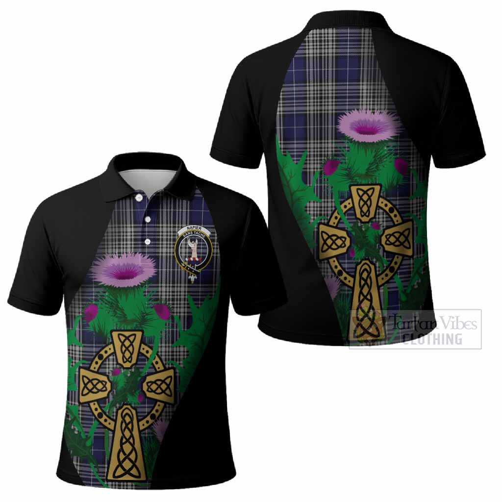 Napier Tartan Crest Polo Shirt Celtic Cross Thistle Flowers