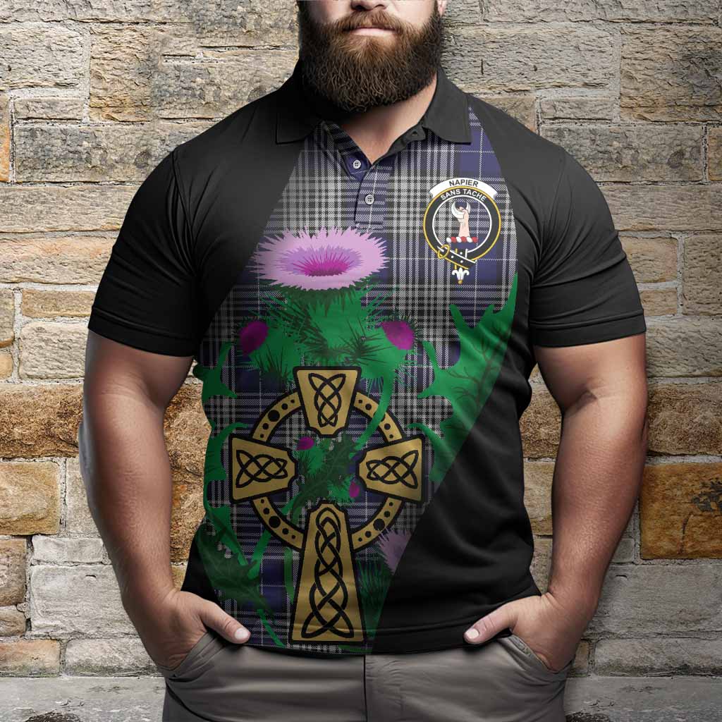 Napier Tartan Crest Polo Shirt Celtic Cross Thistle Flowers