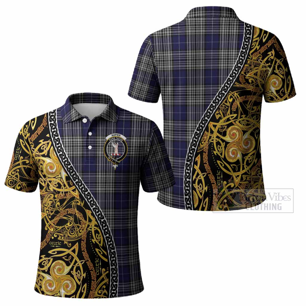 Napier Tartan Crest Polo Shirt Celtic Knot and Triple Trickle Spiral Symbols