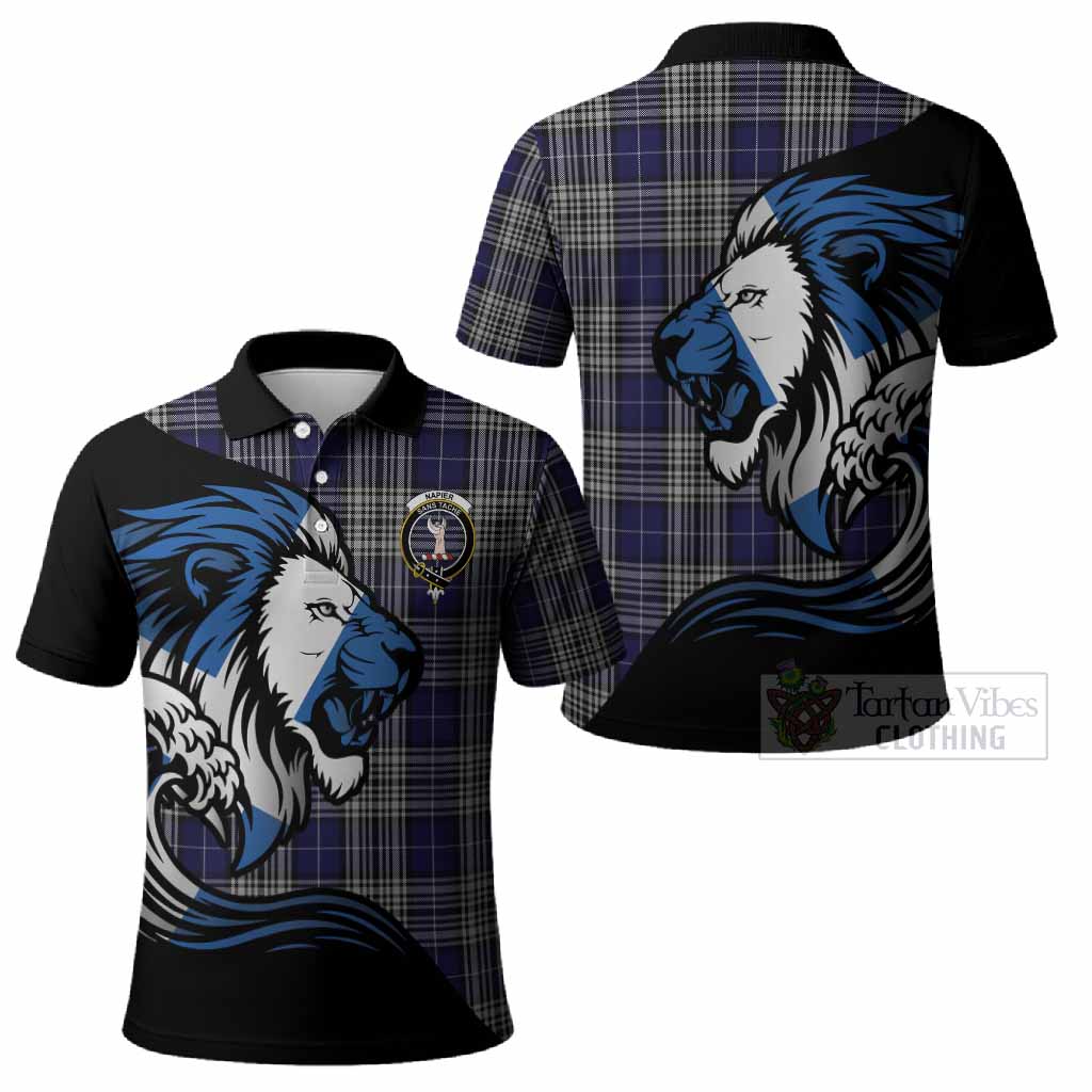 Napier Tartan Crest Polo Shirt Scottish Golden Lions Wave Flow
