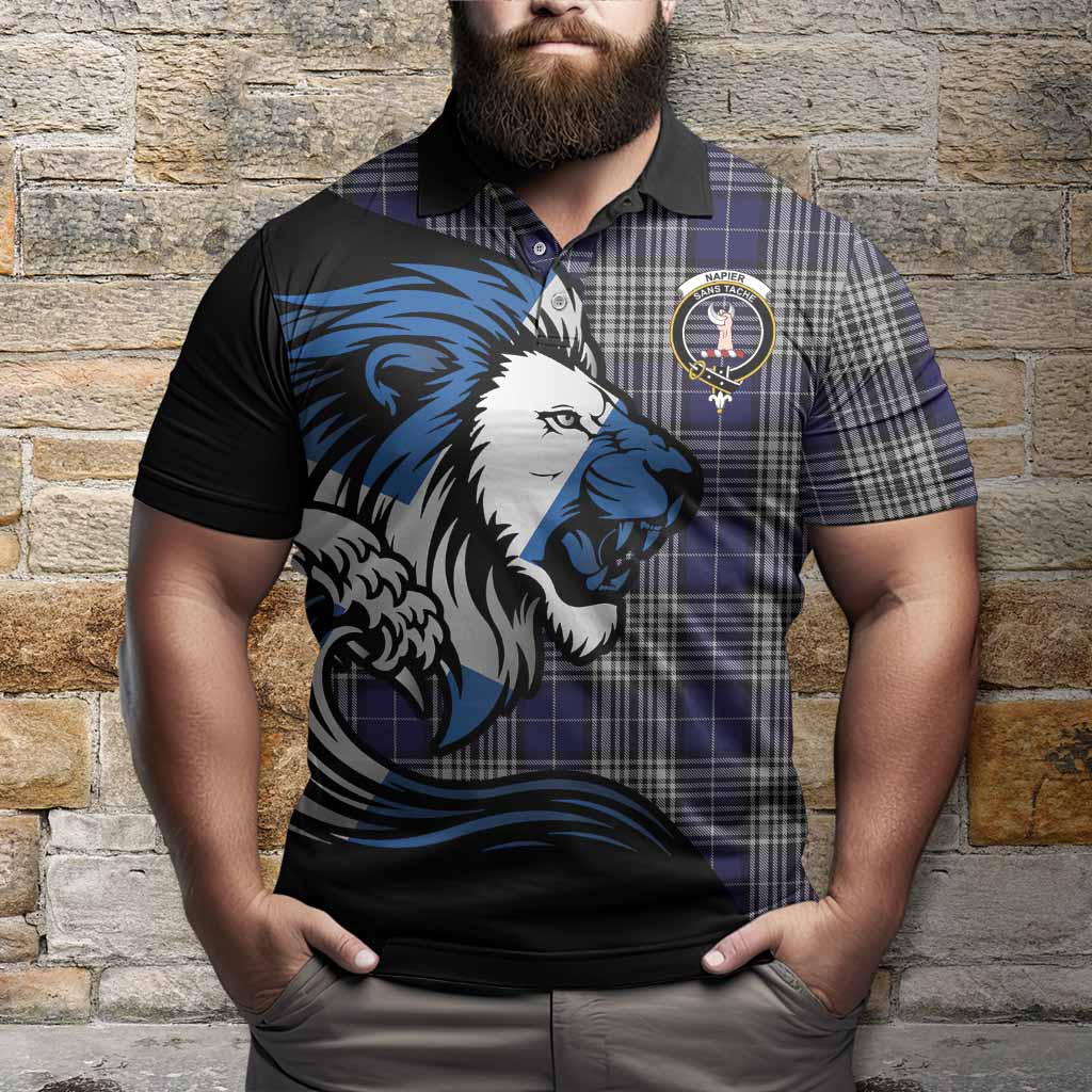 Napier Tartan Crest Polo Shirt Scottish Golden Lions Wave Flow