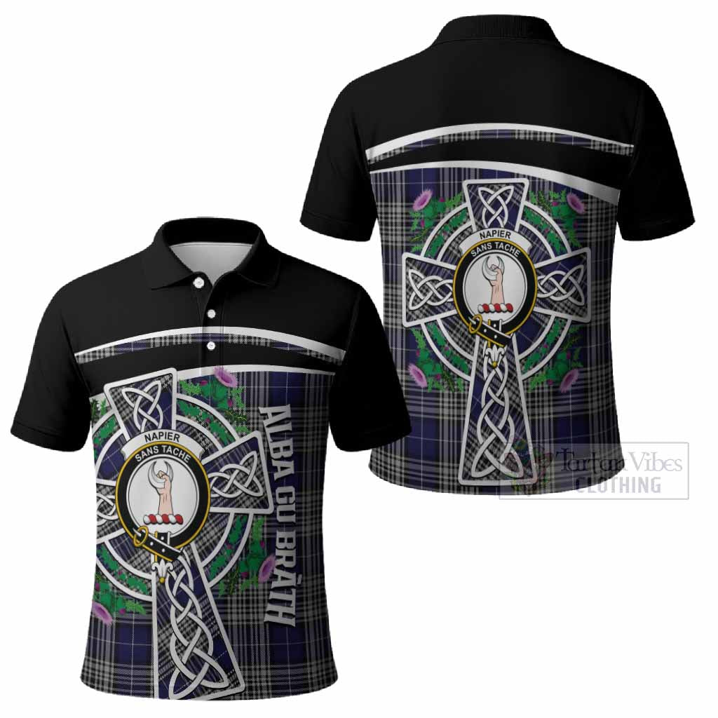Napier Tartan Crest Polo Shirt Scottish Thistle Celtic Cross Alba Gu Brath