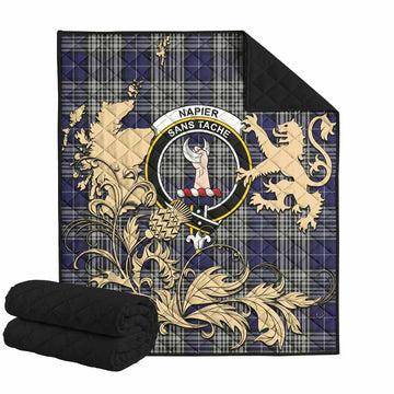 Napier Tartan Crest Premium Quilt with Scottish Iconic Symbols 