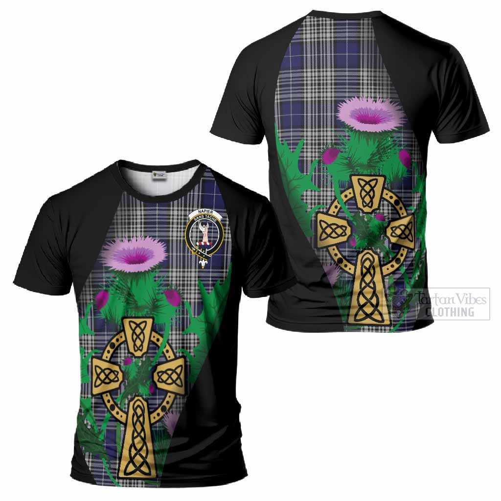 Napier Tartan Crest T-Shirt Celtic Cross Thistle Flowers