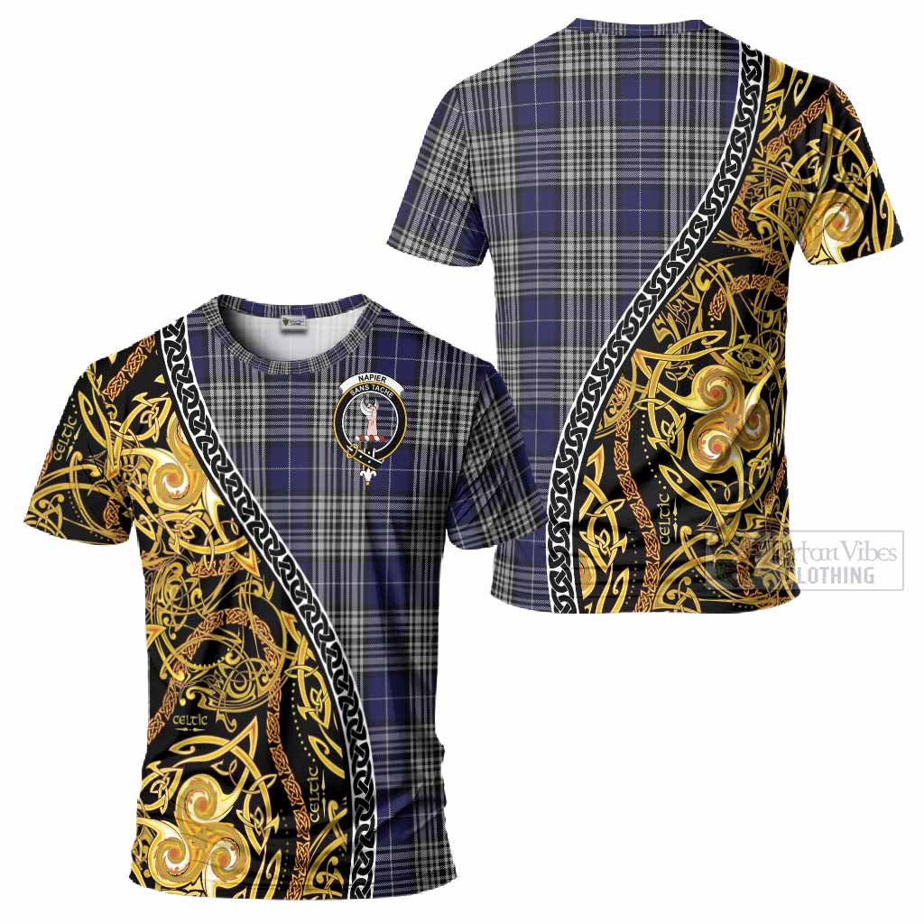 Napier Tartan Crest T-Shirt Celtic Knot and Triple Trickle Spiral Symbols