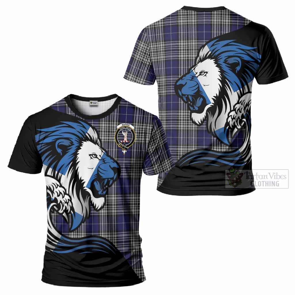 Napier Tartan Crest T-Shirt Scottish Golden Lions Wave Flow