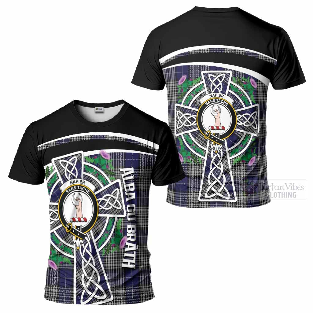 Napier Tartan Crest T-Shirt Scottish Thistle Celtic Cross Alba Gu Brath