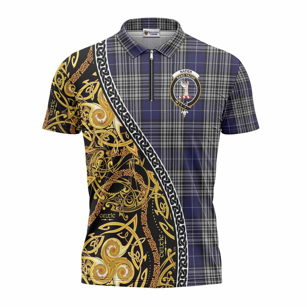 Napier Tartan Crest Zipper Polo Shirt Celtic Knot and Triple Trickle Spiral Symbols