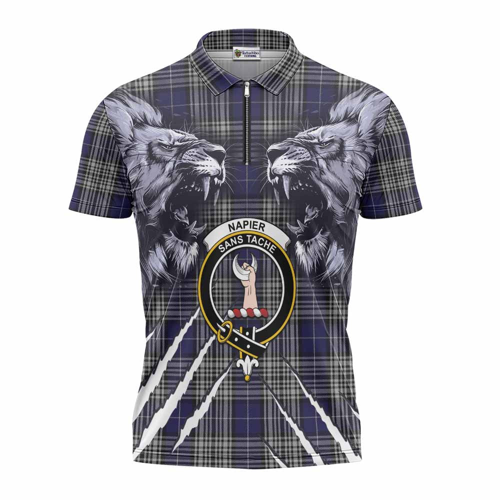 Napier Tartan Crest Zipper Polo Shirt Ferocious Lion Style