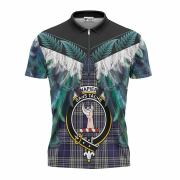 Napier Tartan Crest Zipper Polo Shirt New Zealand Maori Korowai Cloak