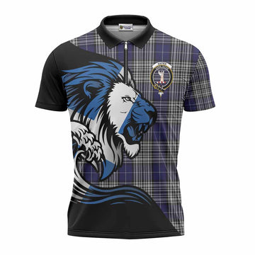 Napier Tartan Crest Zipper Polo Shirt Scottish Golden Lions Wave Flow
