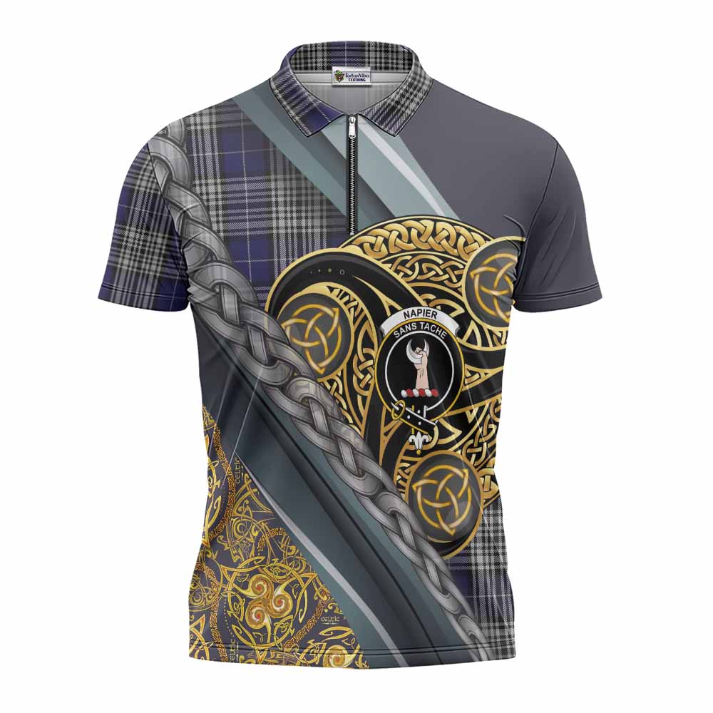 Napier Tartan Crest Zipper Polo Shirt Scottish Triskele Celtic