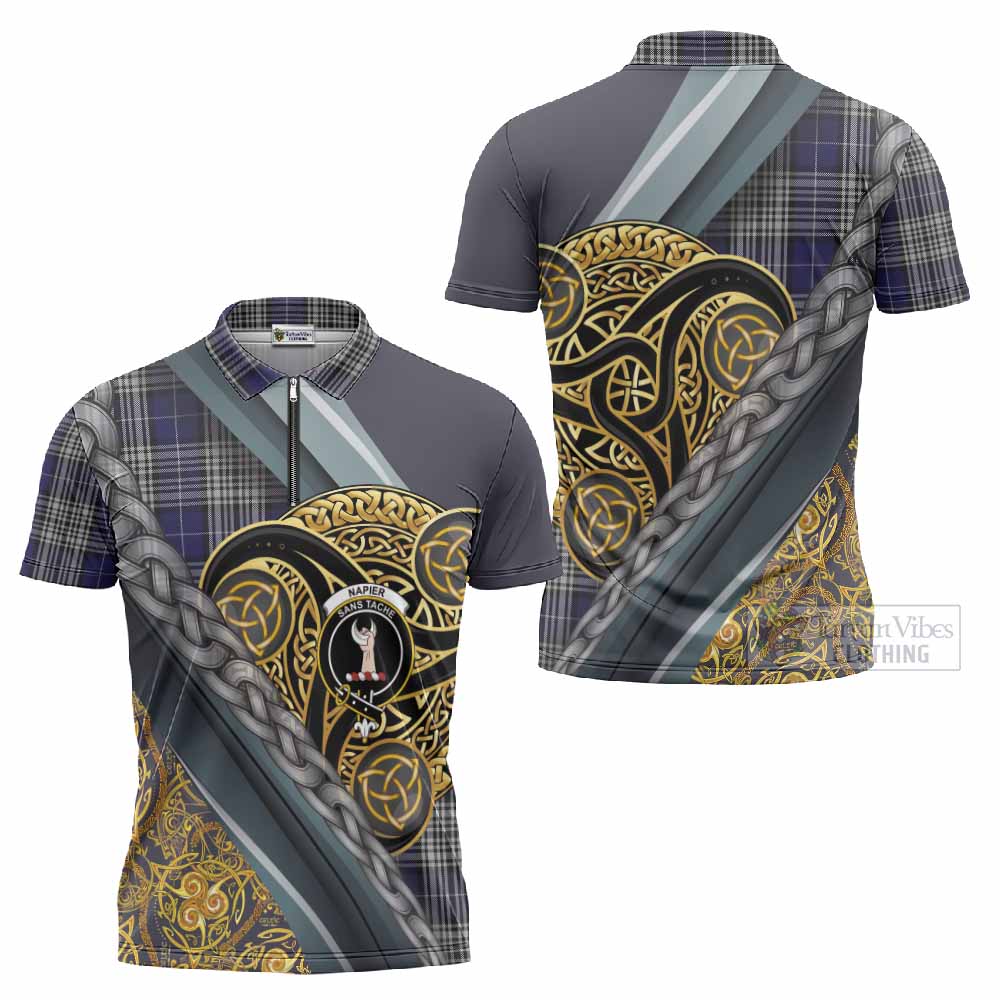 Napier Tartan Crest Zipper Polo Shirt Scottish Triskele Celtic
