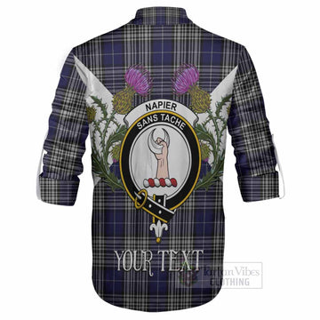 Napier Tartan Family Crest Ghillie Shirt Scottish Burns Night Thistle Floral