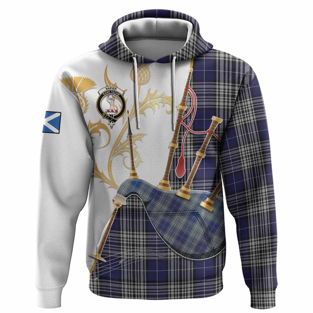 Napier Tartan Family Crest Hoodie Bagpipes with Scottish Thistle