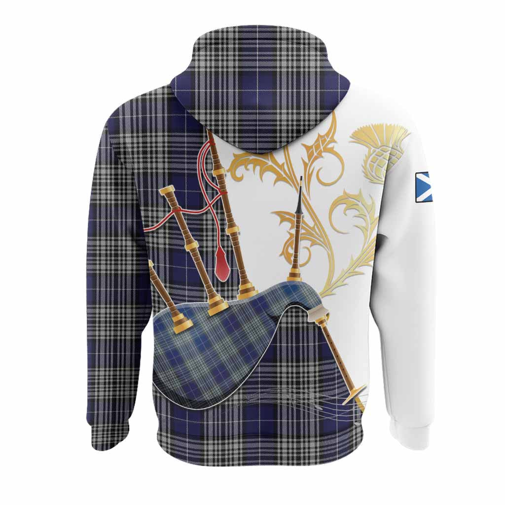 Napier Tartan Family Crest Hoodie Bagpipes with Scottish Thistle