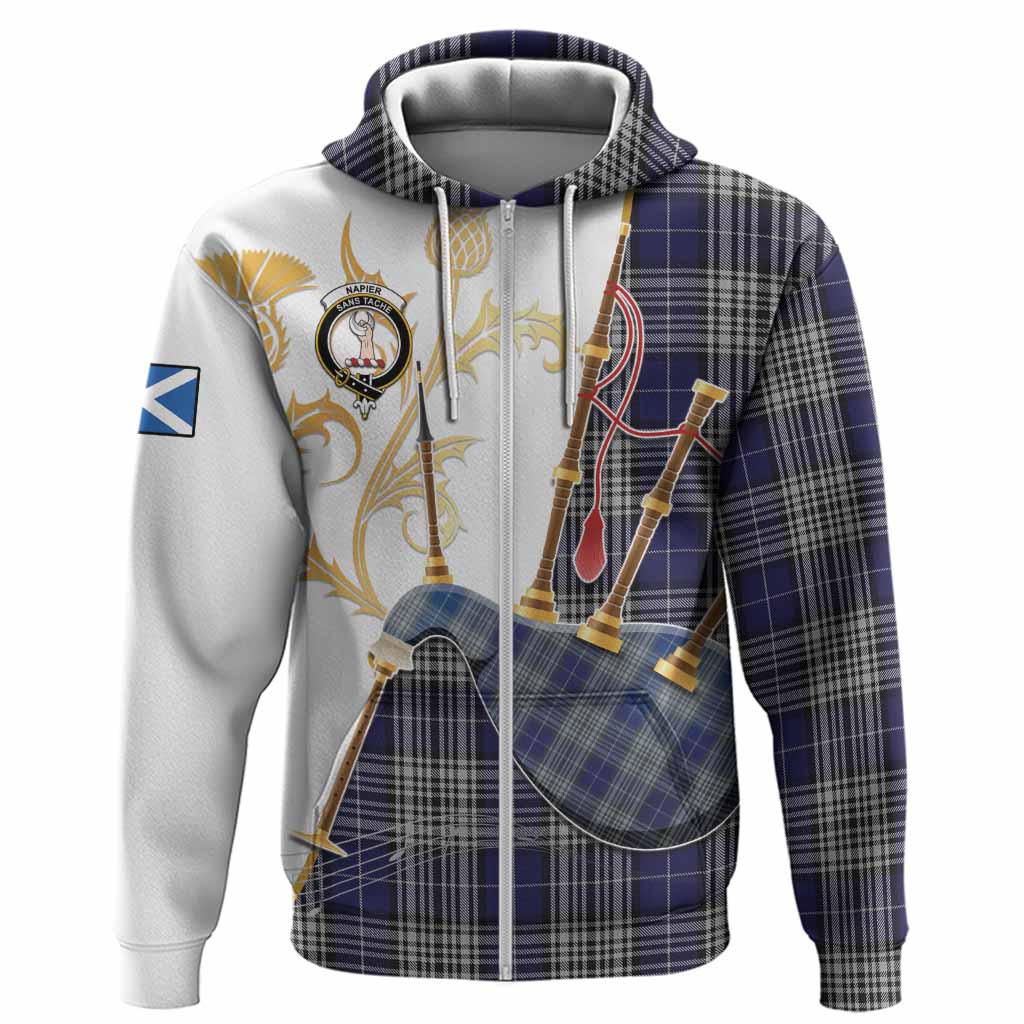 Napier Tartan Family Crest Hoodie Bagpipes with Scottish Thistle