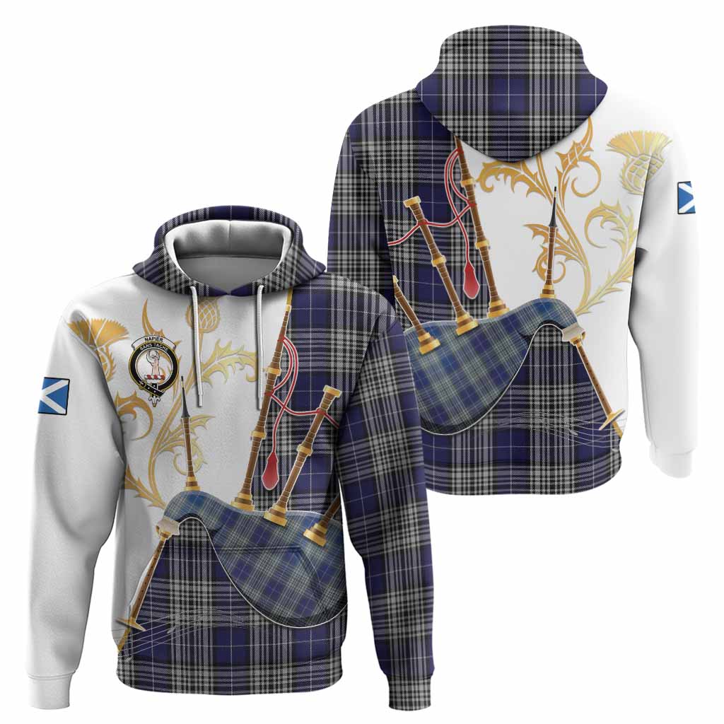 Napier Tartan Family Crest Hoodie Bagpipes with Scottish Thistle