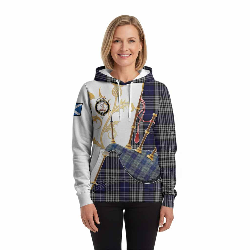 Napier Tartan Family Crest Hoodie Bagpipes with Scottish Thistle