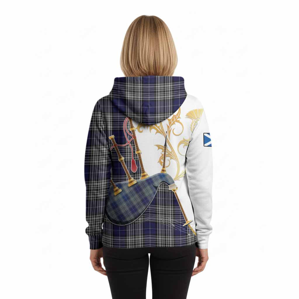 Napier Tartan Family Crest Hoodie Bagpipes with Scottish Thistle