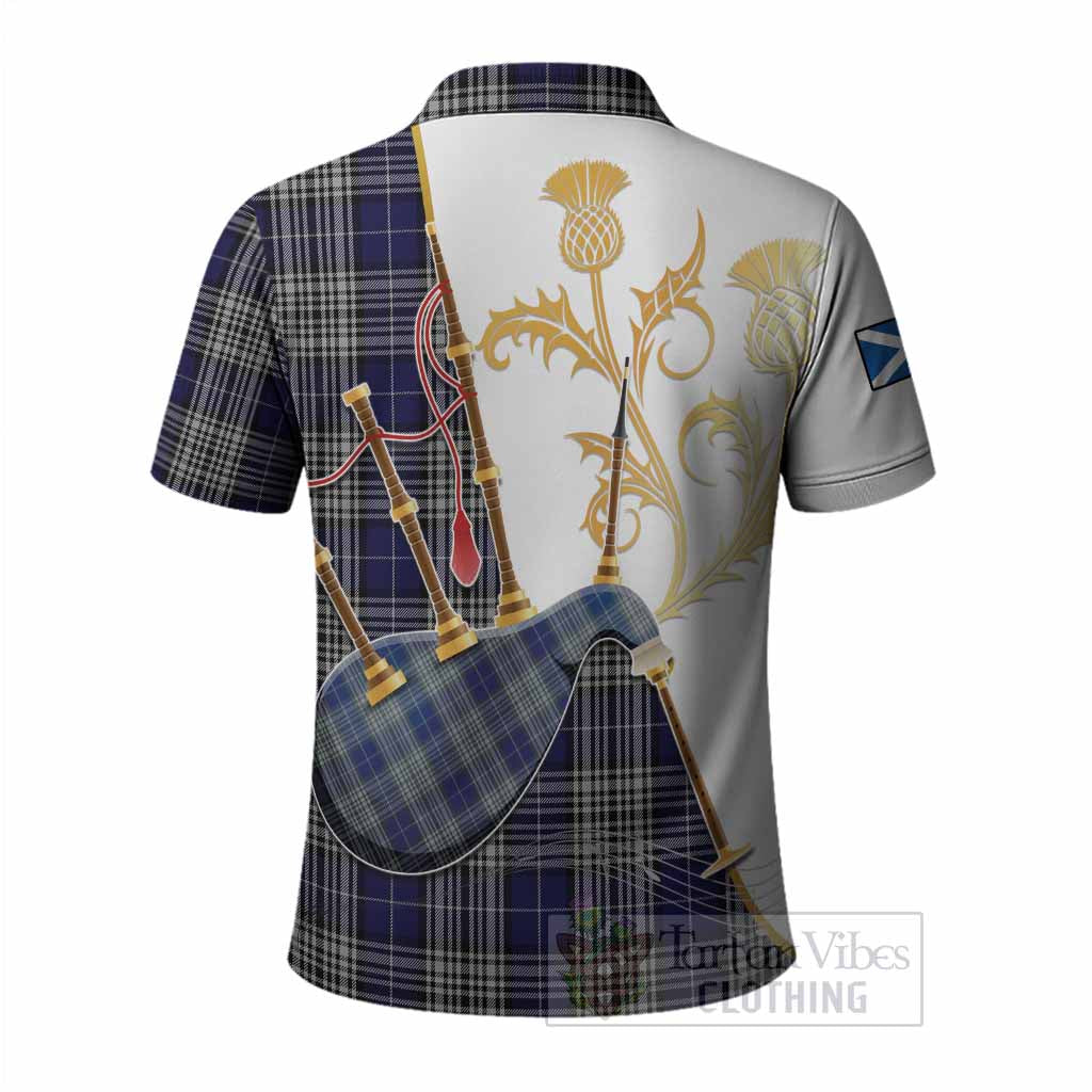 Napier Tartan Family Crest Polo Shirt Bagpipes with Scottish Thistle